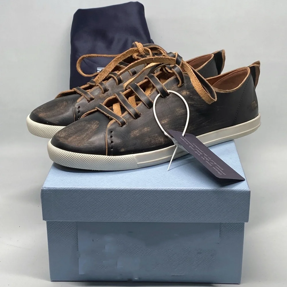 Prada Distressed Low-Top Leather Sneakers size 38.5 - Picture 1 of 16